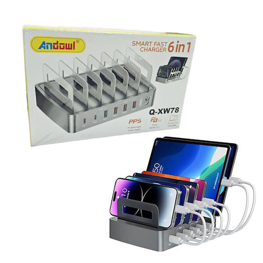 Andowl Βάση Φόρτισης με 4 Θύρες USB-A και 2 Θύρες USB-C 45W Power Delivery σε Γκρι χρώμα (Q-XW78)