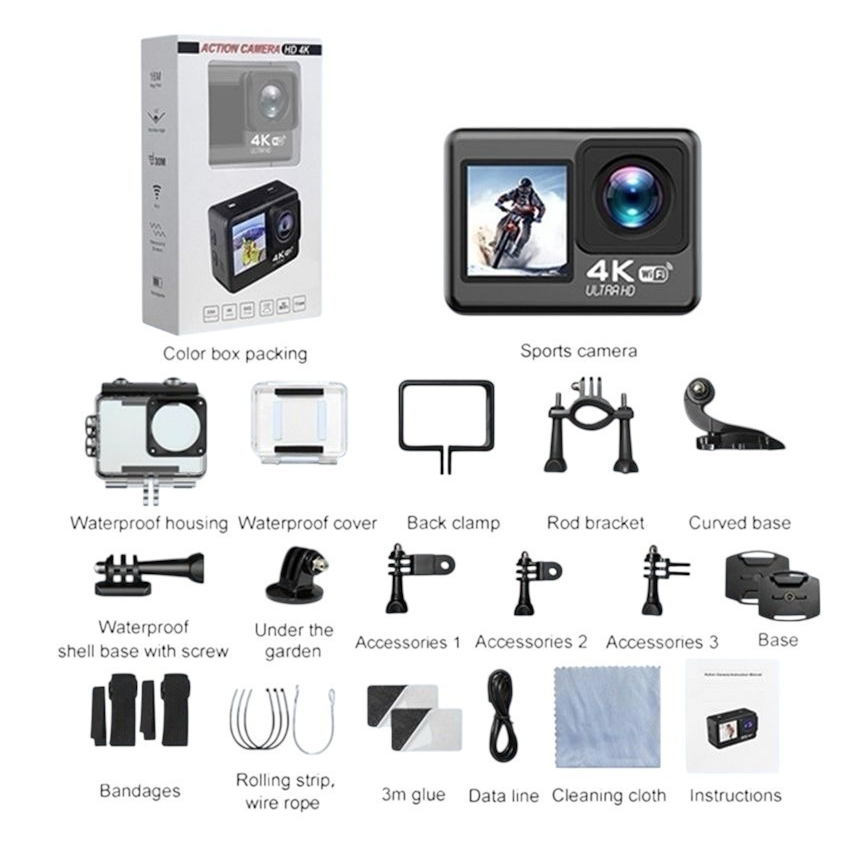 HL18668-247 Action Camera 4K Ultra HD with 2" Screen and Wi-Fi Black
