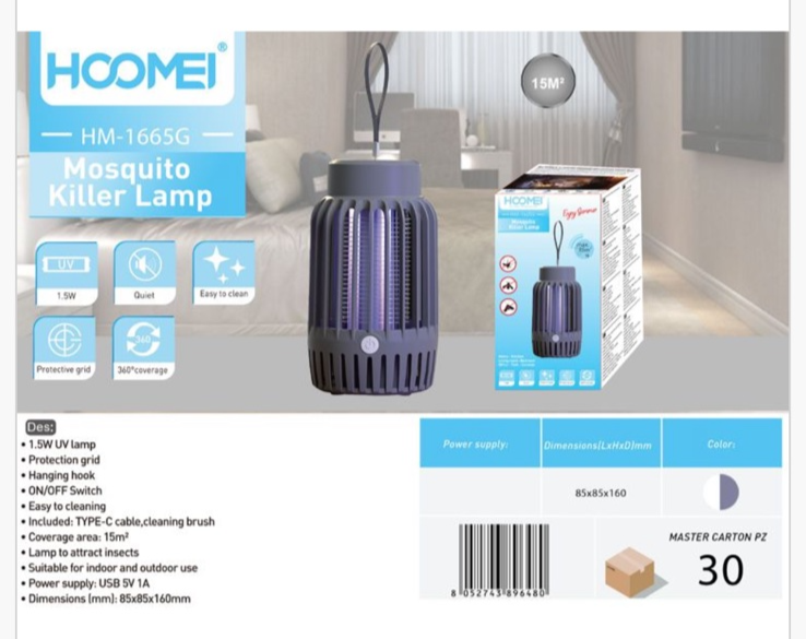 Ηλεκτρική Αντικουνουπική Λάμπα UV 1.5W Hoomei HM-1665G