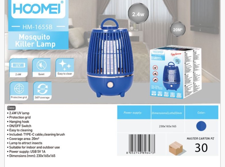 Ηλεκτρική Αντικουνουπική Λάμπα UV 2.4W Μπλε Hoomei HM-1655B