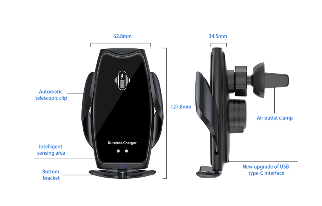 A8 Mobile Car Holder with Adjustable Hooks and Wireless Charging Black