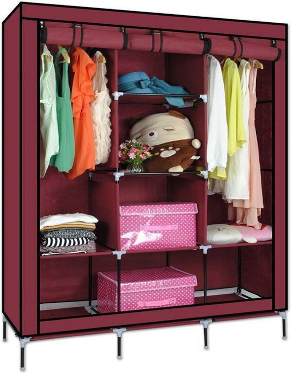Red Fabric Wardrobe with Selves & Zipper 130x45x175cm 1012