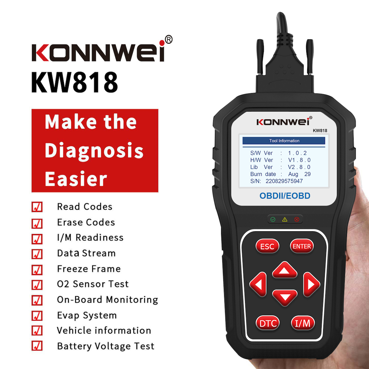 Konnwei KW818 Διαγνωστικό Αυτοκινήτου Ψηφιακό OBD 2 με Καλώδιο